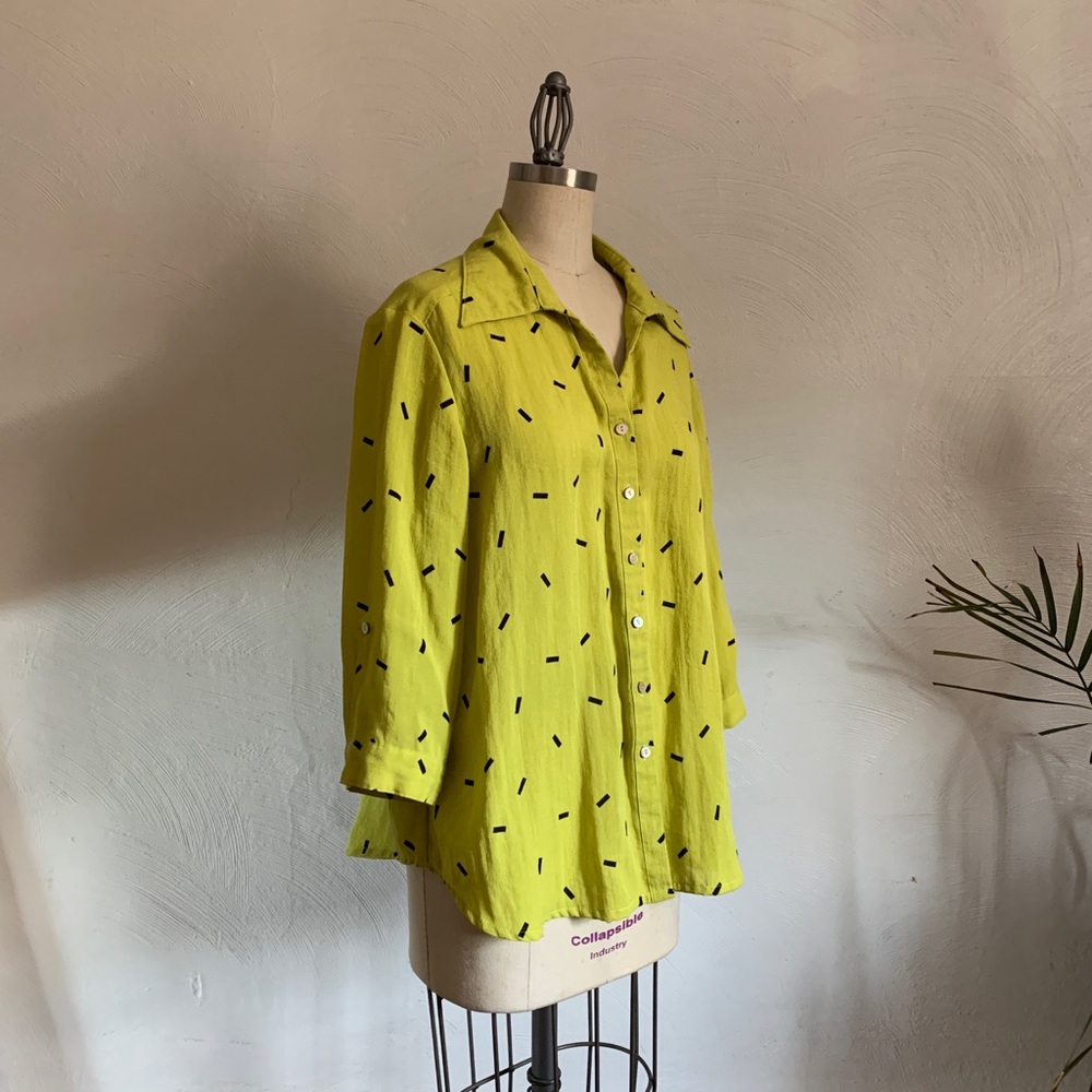 LINEN FRIDAZE maximalist button up tunic neon chartreuse lime with pop geometric - Picture 2 of 10